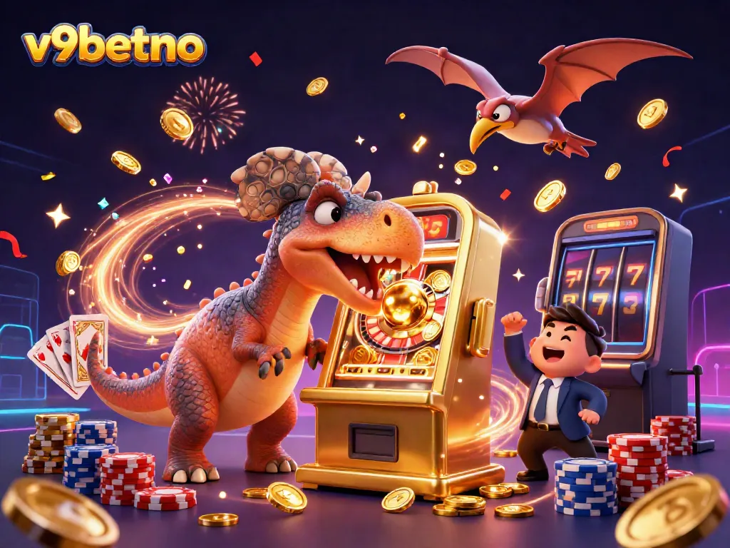 Experience thrilling wins at v9betno with a cartoon dinosaur theme, celebrating casino jackpots.
