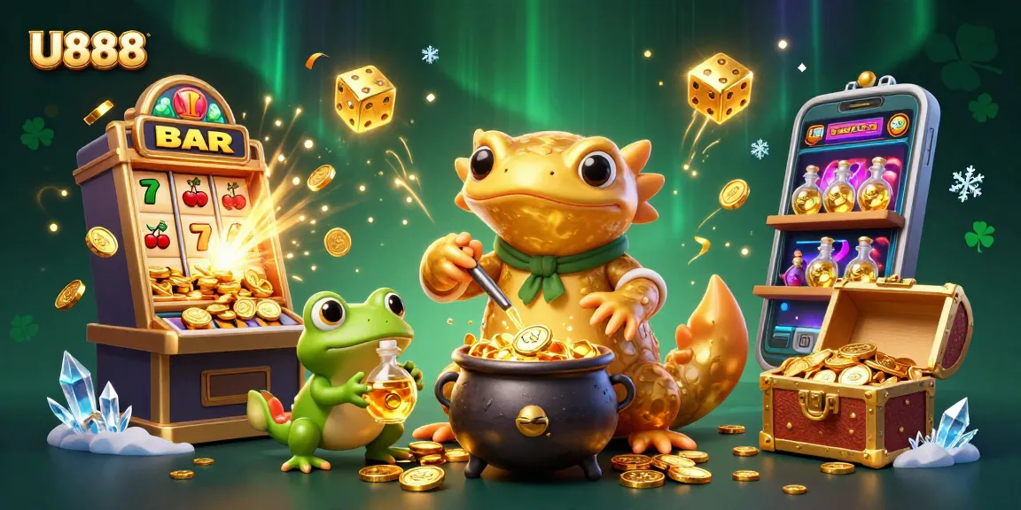 Experience U888's enchanting gold coin magic with a golden salamander alchemist in a vibrant casino landscape.