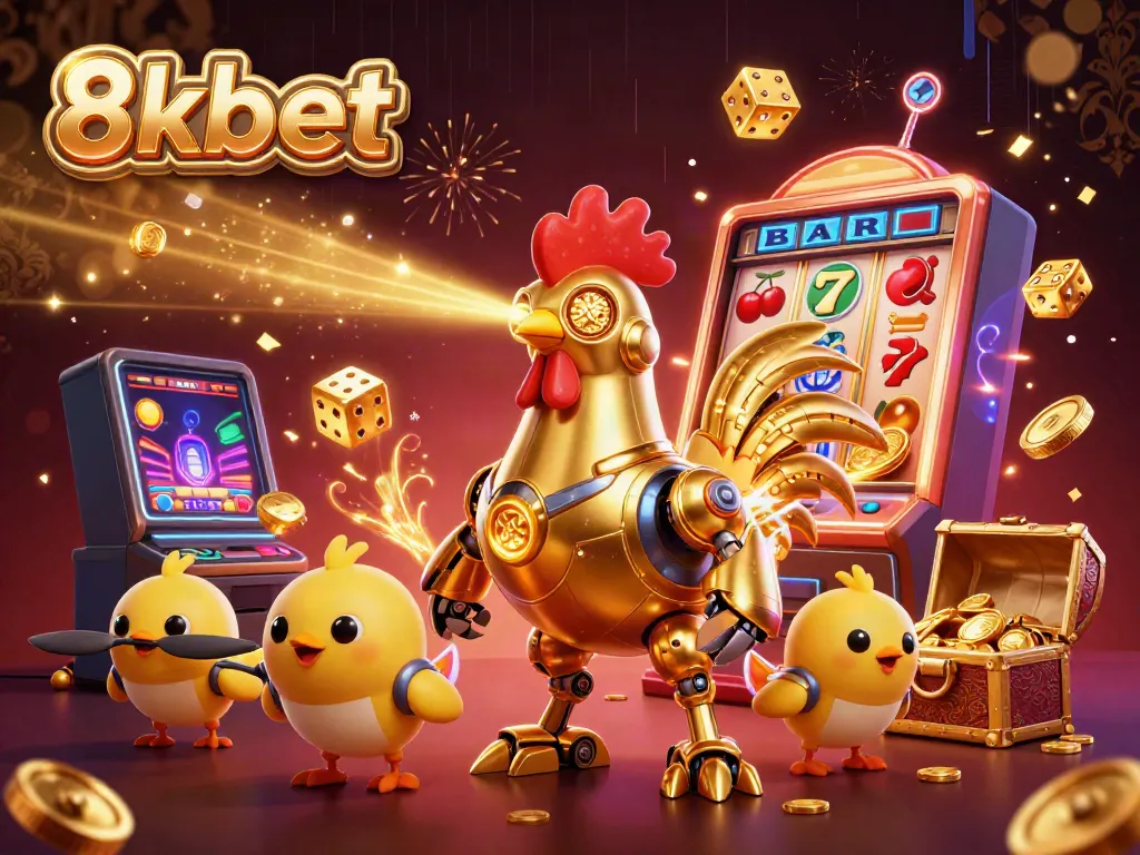 Experience thrilling gameplay and big wins with 8xbet's vibrant casino scene featuring a golden rooster robot and jackpots.