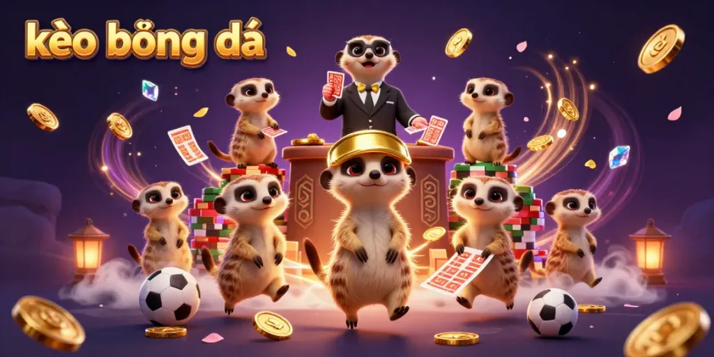Experience exciting kèo bóng đá action with cute meerkats overseeing a sports betting operation, filled with vibrant details.