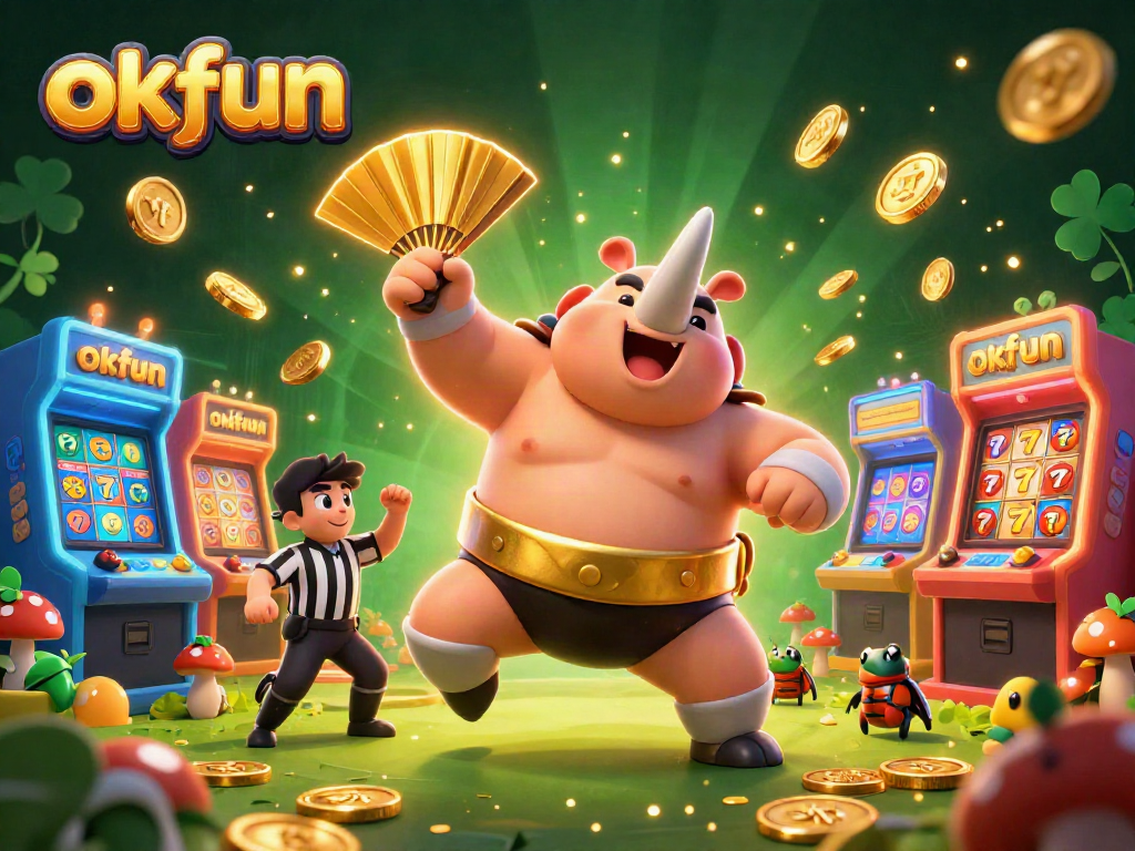 Experience the thrill of winning at okfun casino with vibrant slot reels and a dynamic cartoon scene.