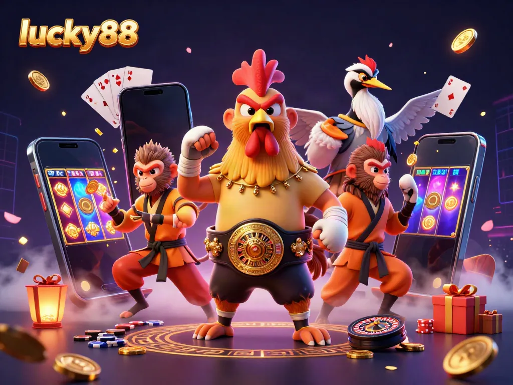 Engage with lucky88's vibrant gaming world, featuring dynamic characters and casino elements.