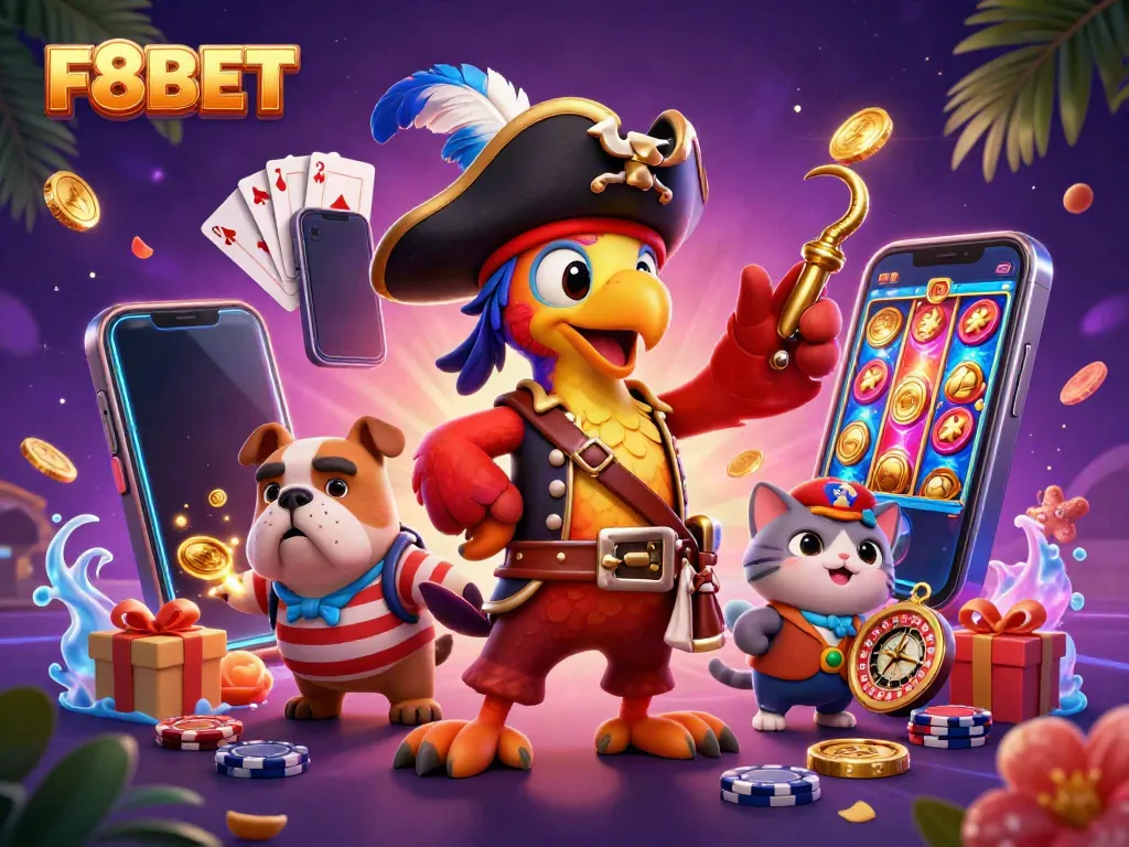 Experience F8BET with a vibrant 3D cartoon scene featuring a pirate captain, bulldog, and cat navigating a casino.