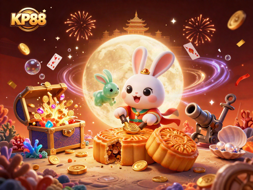 KP88 showcases a vibrant 3D lunar casino scene with animated characters and colorful casino elements.