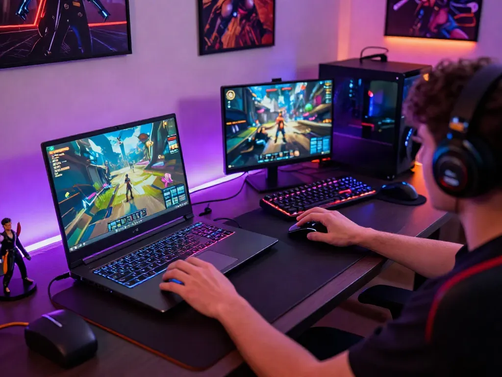 Engaging gaming setup showcasing http://11bet-app.net/ on a laptop screen in a vibrant room.