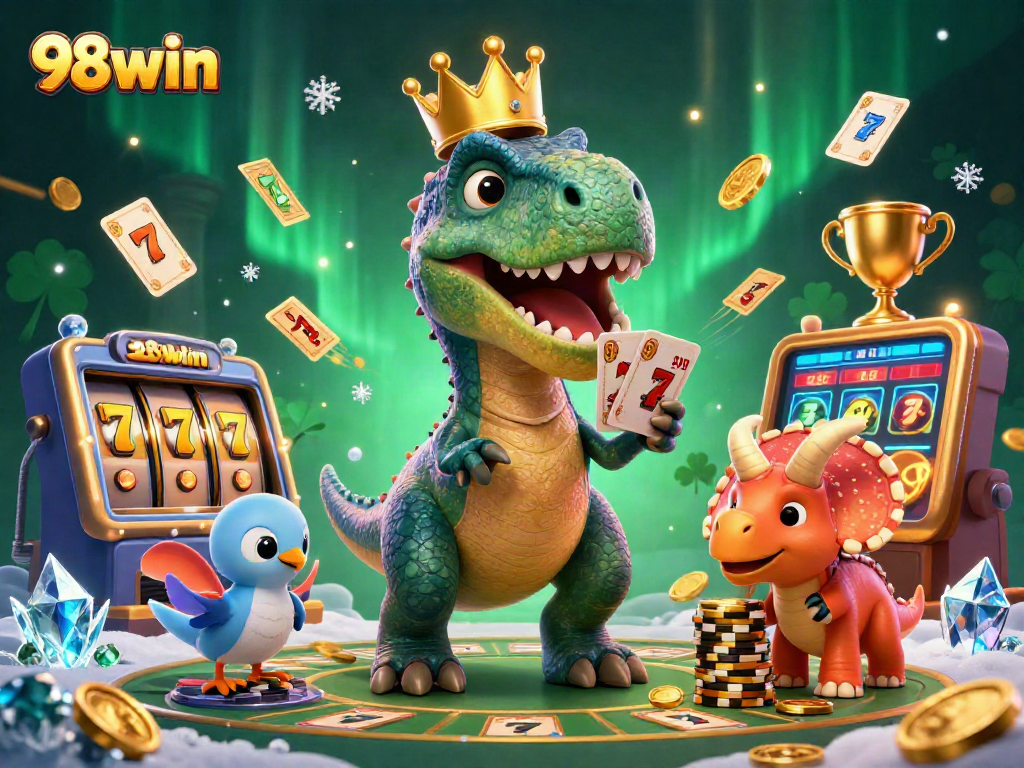 Engage in thrilling gaming with 98win as T-Rex deals cards in a vibrant casino scene.