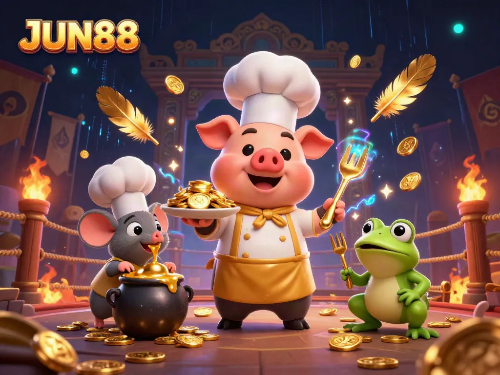Experience the thrill of JUN88 in a vibrant casino scene with gold coins and engaging characters.