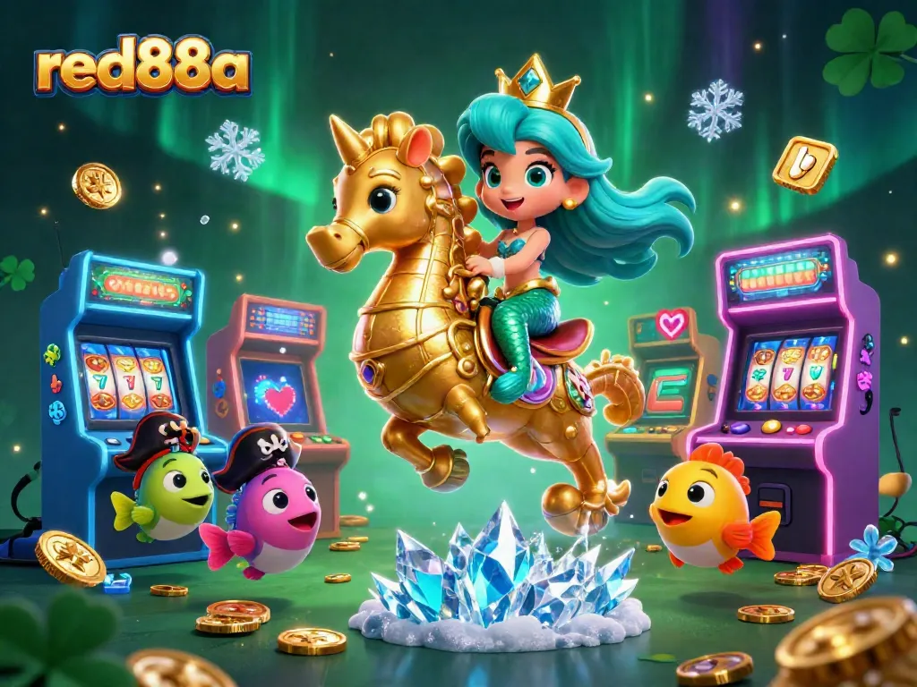Spin and win at red88a with an enchanting illustration featuring a mermaid, seahorse, and slot elements.