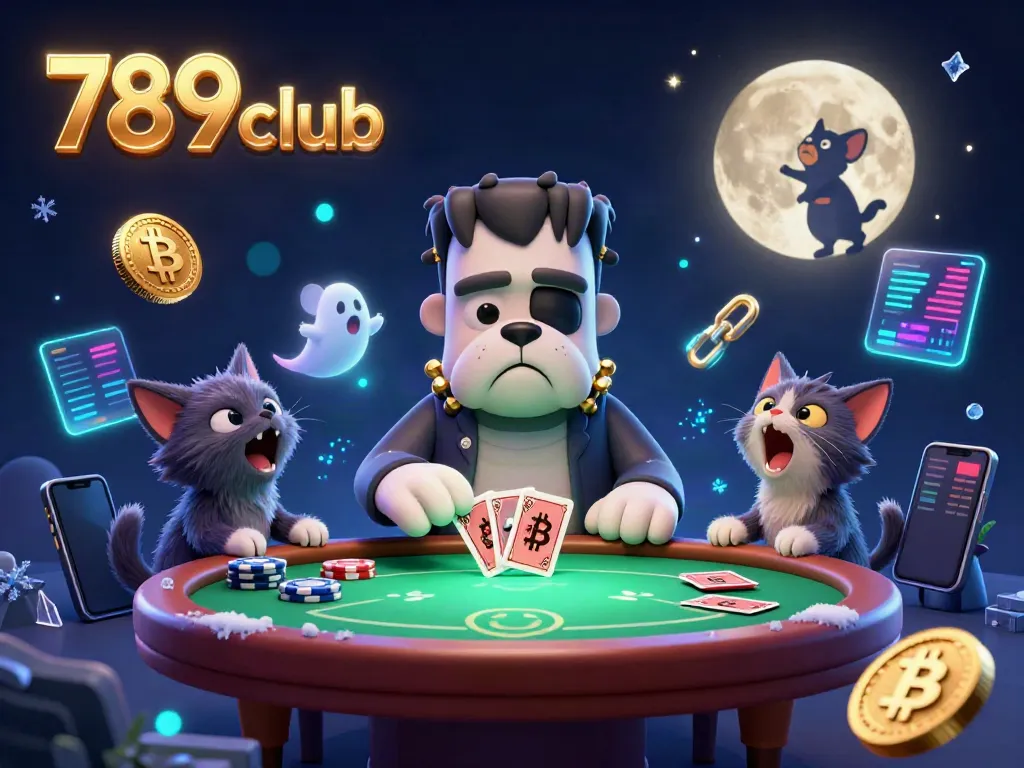 Engage with the thrilling world of 789 club as a colossal bulldog dealer manages a poker game under a glowing moon.