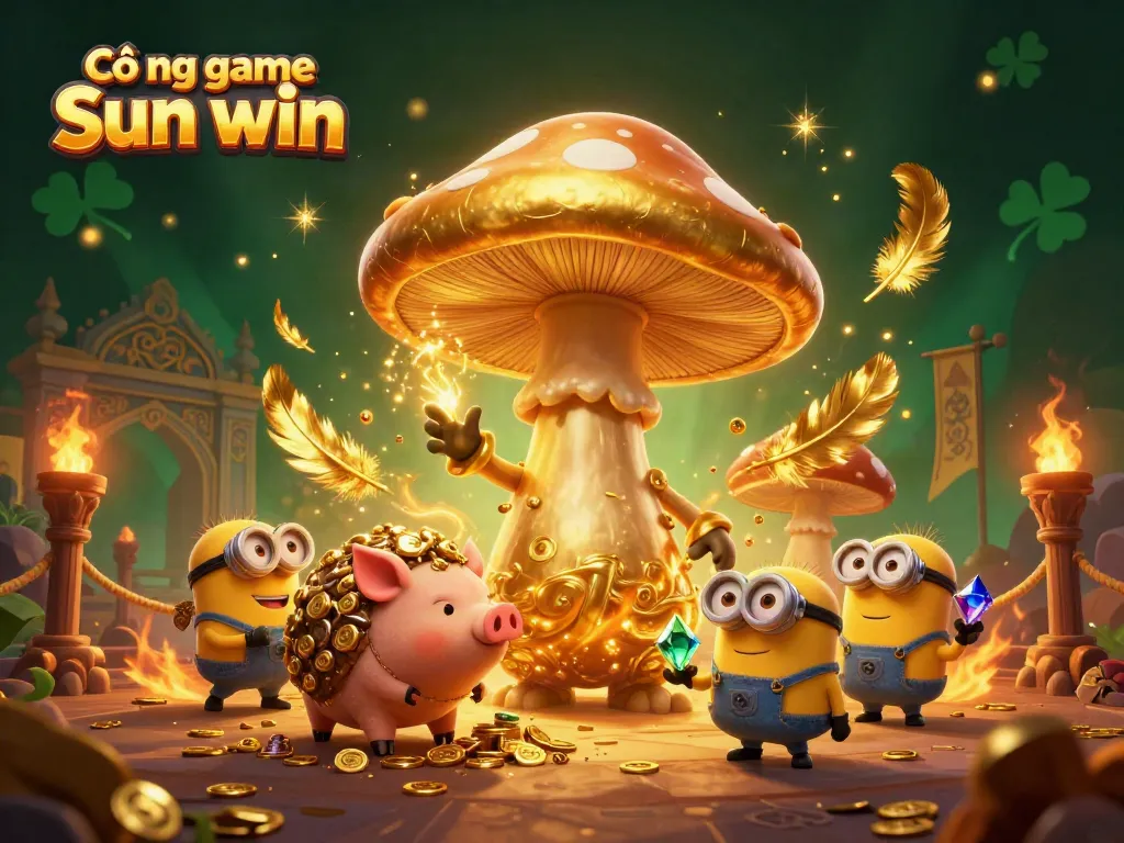 Cổng game Sun win features an enormous golden mushroom wizard and a truffle pig in a vibrant gambling scene with gold coins and magical elements.
