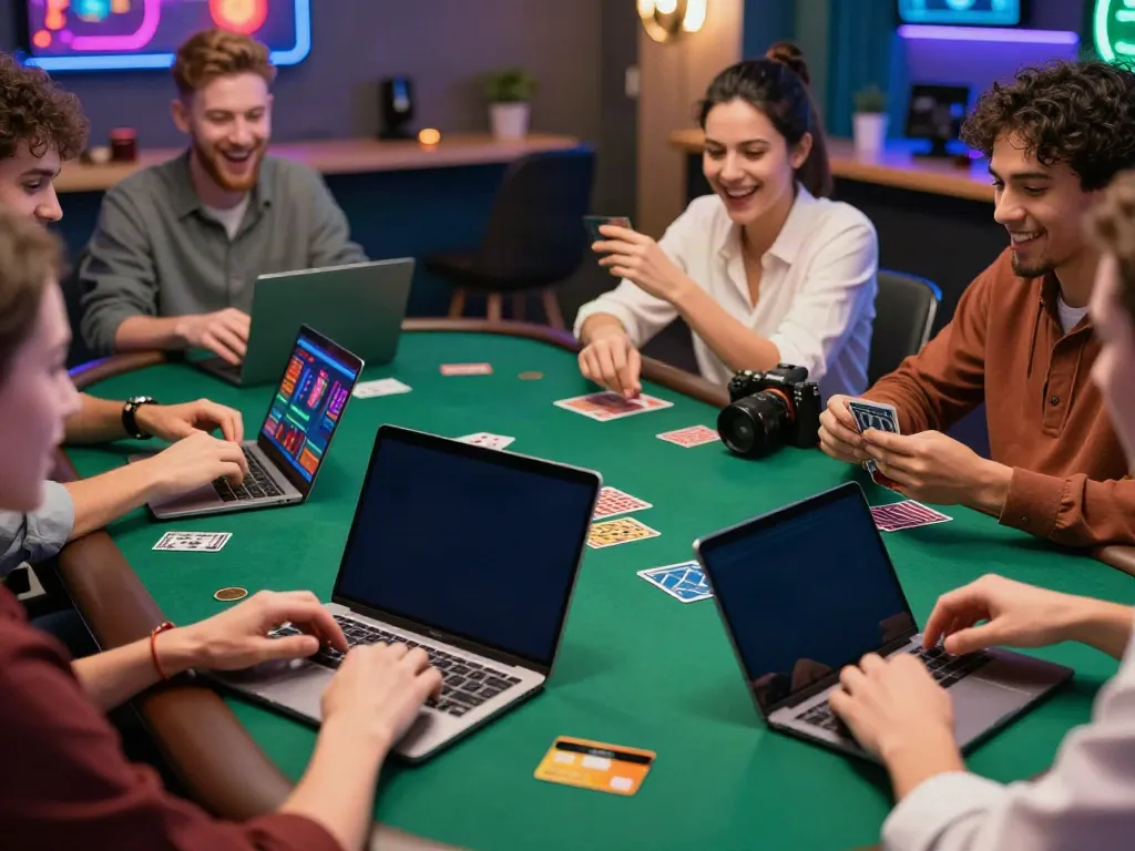 Engaging gaming scene showcasing players at online casinos that accept credit card, with diverse individuals excitedly using laptops and tablets.
