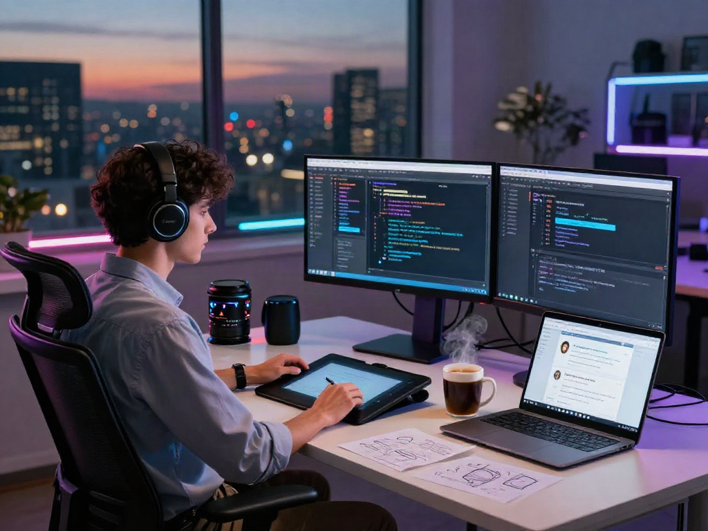 Dynamic workspace featuring nsfw ai chat interfaces on multiple screens, capturing innovative technology.