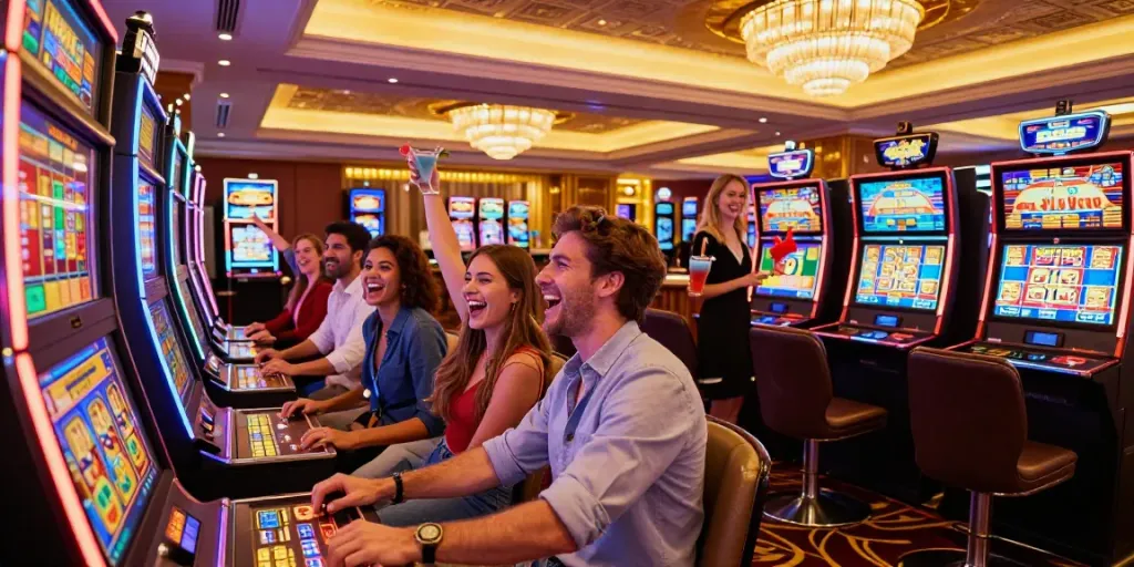 Exciting atmosphere at credit card casinos UK, with players celebrating wins over vibrant slot machines.