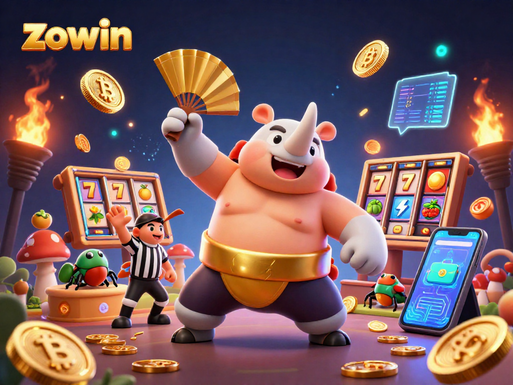 Zowin players engaging in thrilling slot game action with golden coins flying and a vibrant casino atmosphere.
