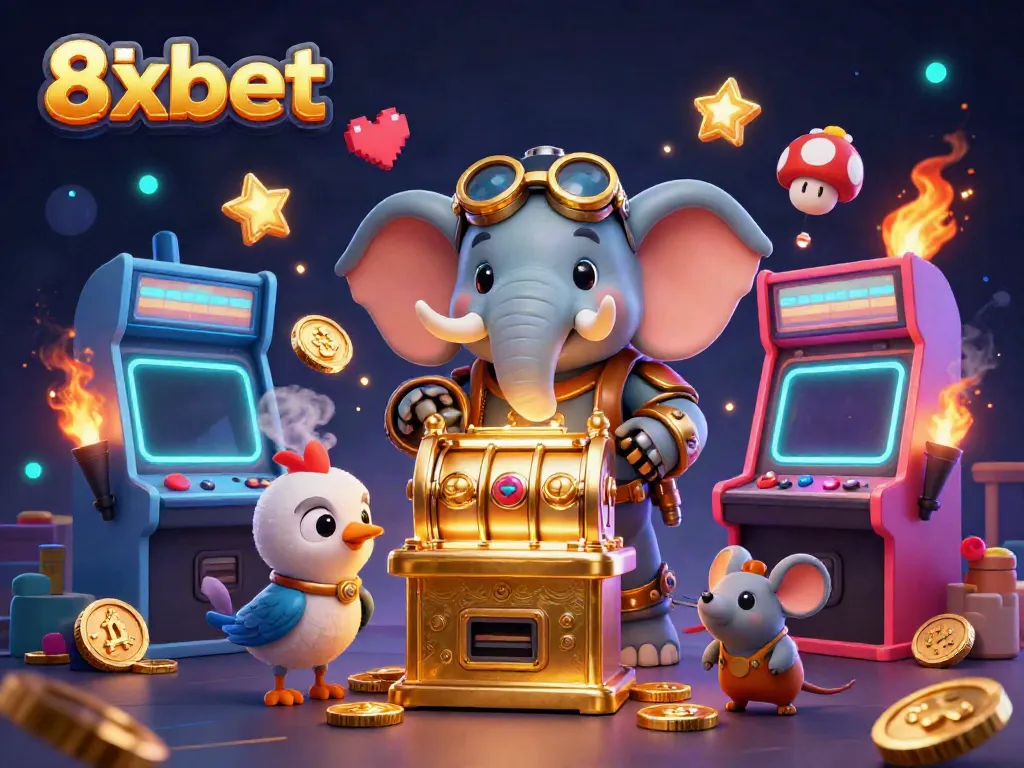 8xbet offers exciting gaming action with a steampunk elephant and vibrant slots scene.
