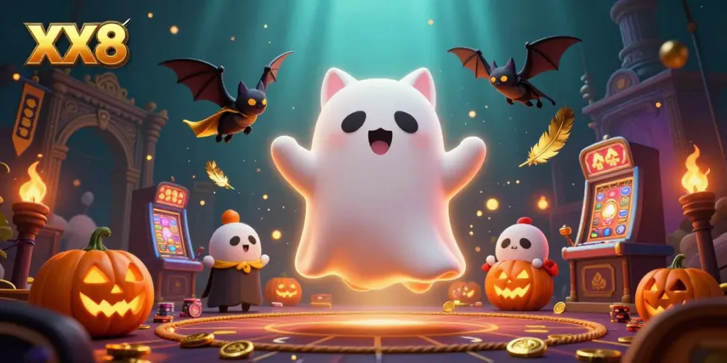 Join the thrilling adventure of XX8 with a ghost cat and a bat in a haunted casino, glowing jack-o-lanterns, and betting tokens.
