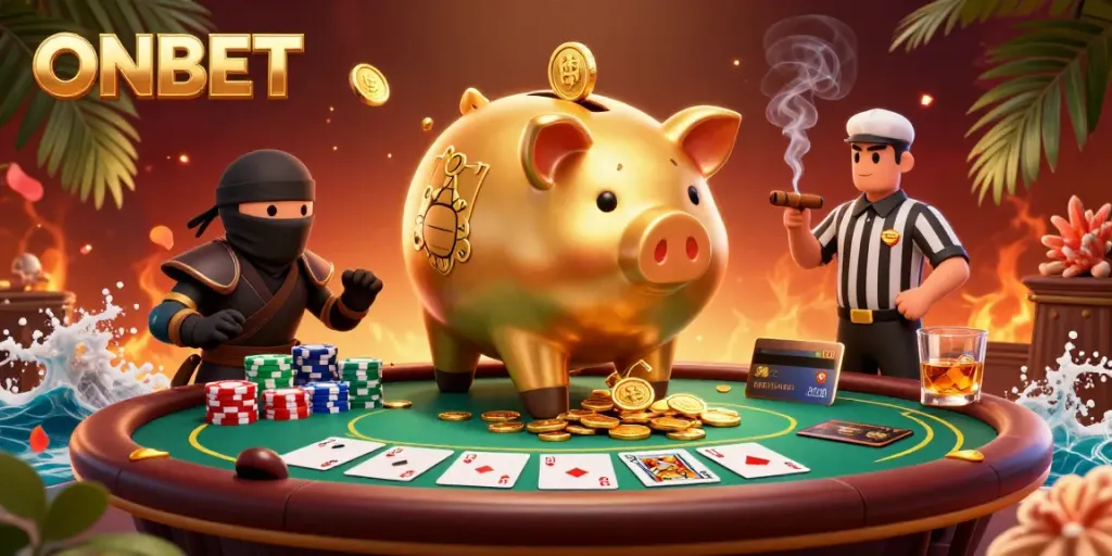 Experience the thrill of ONBET with a sumo wrestler, ninja, and referee in a vibrant poker scene.