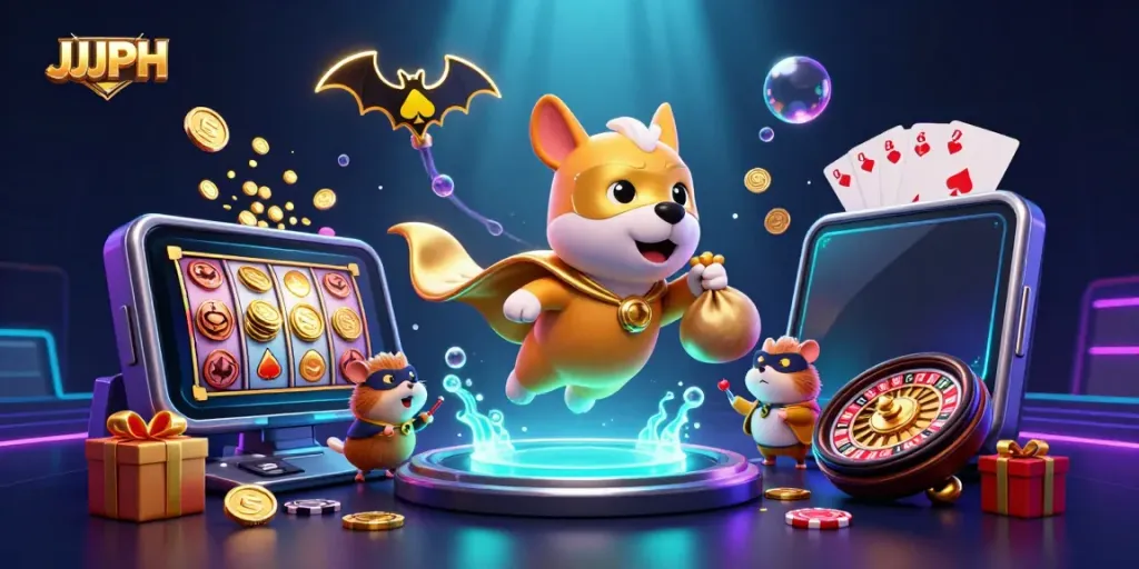 Experience thrilling gaming with JJJPH, featuring a superhero dog and exciting casino elements.