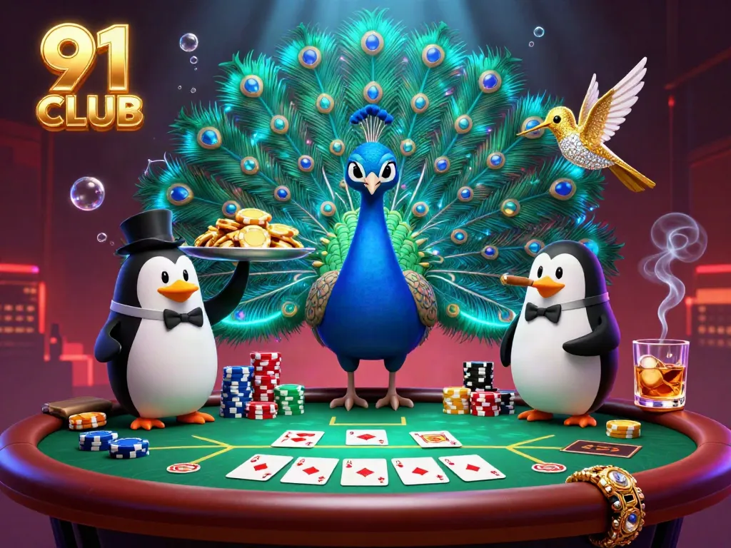 Engage with exciting poker thrills at 91 CLUB, featuring a vibrant 3D scene with casino characters and game elements.