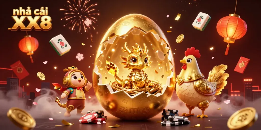 Play thrilling games at Nhà cái XX8, featuring a golden dragon, poker chips, and festive decorations.