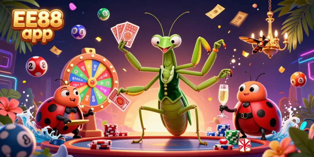 Experience the excitement of the EE88 app with a vibrant 3D casino scene featuring lottery elements and engaging characters.