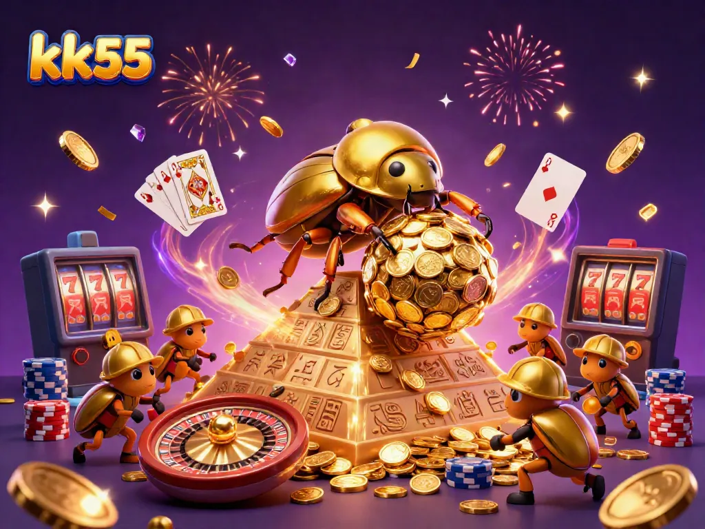 Spin to win at kk55 with golden coins and animated characters in a lively casino illustration.