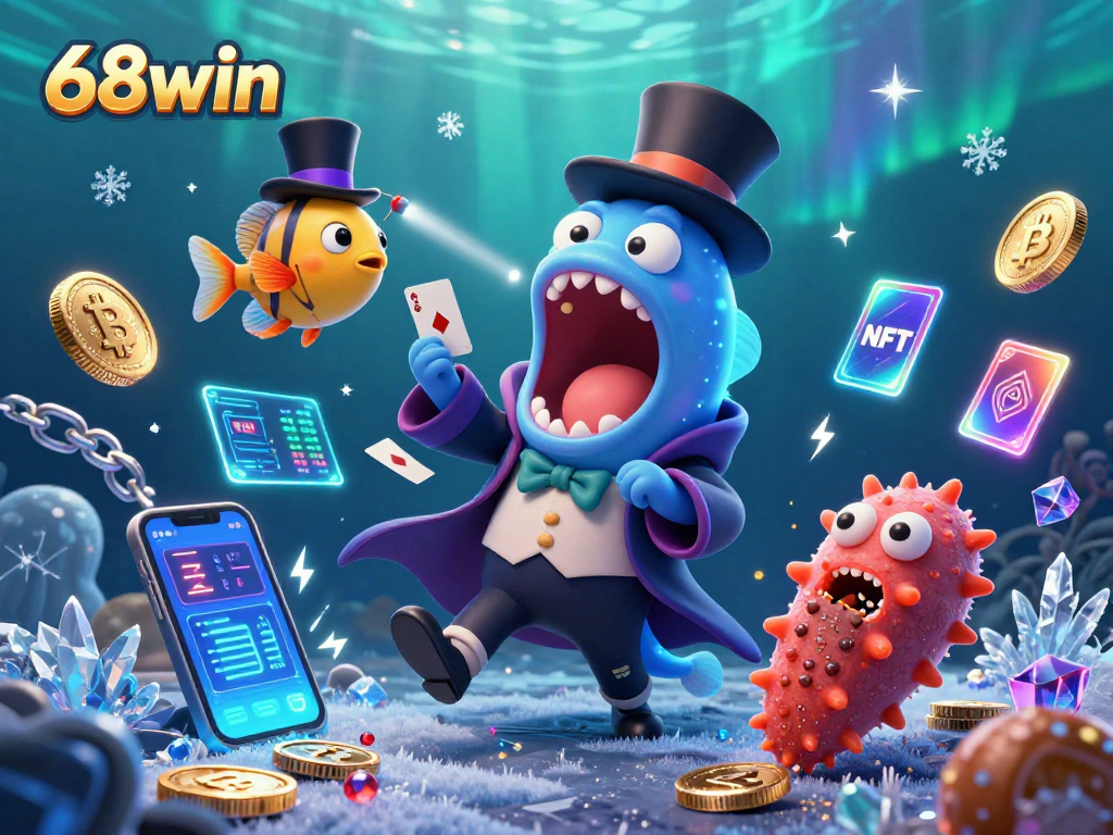 Experience thrilling card tricks at 68win featuring vibrant sea creatures and crypto elements.