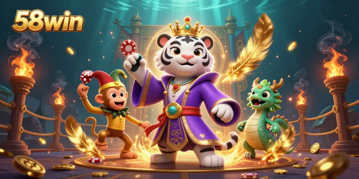 Immerse in the thrilling world of 58win with dancing imagery of a regal tiger, a jester monkey, and a jade dragon.