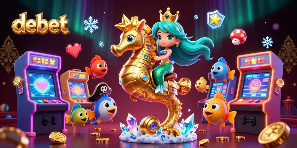 Witness the vibrant debet casino adventure with the mermaid and seahorse amidst colorful gaming elements in this enchanting scene.