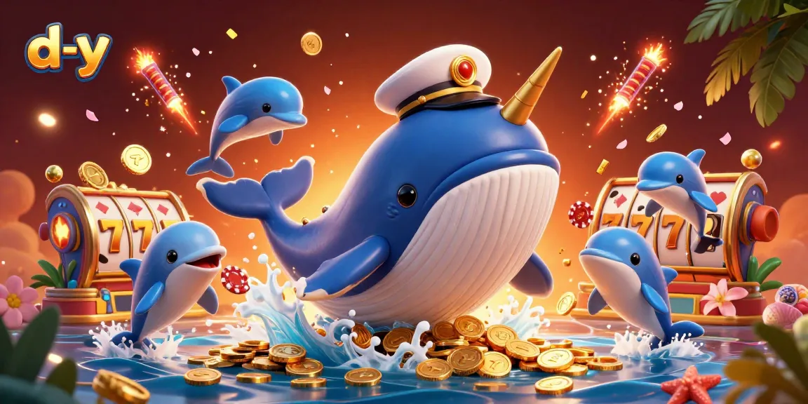 Experience exciting gaming with d-y's vibrant 3D whale and slot reels in action.