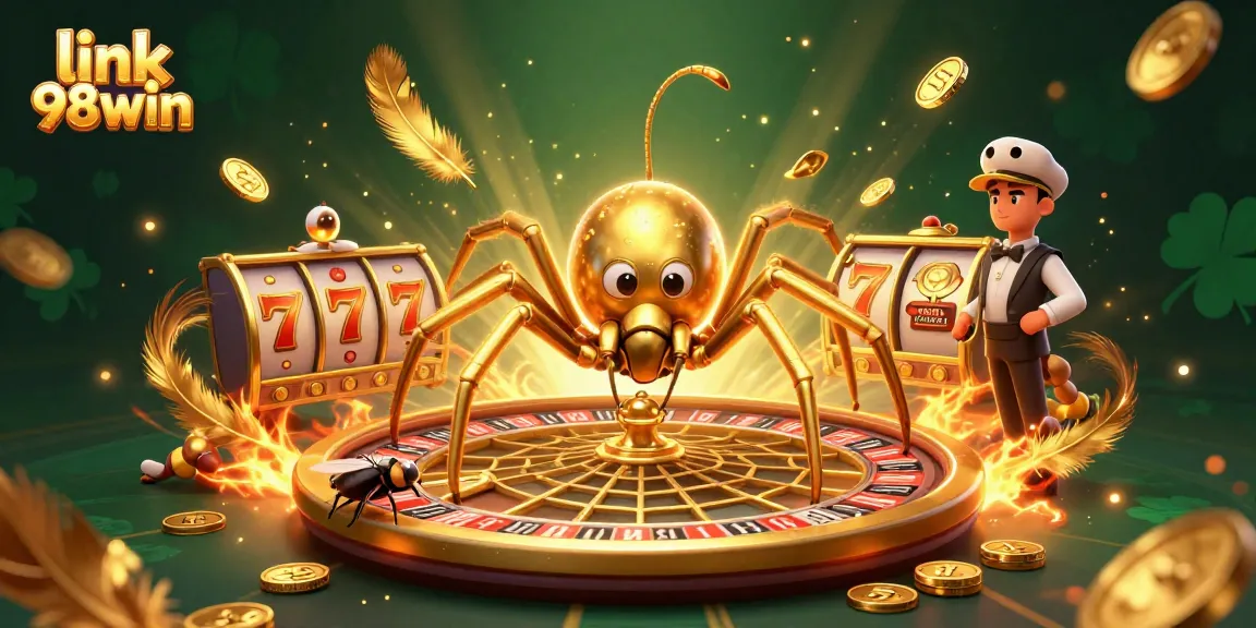 Experience the thrill of betting at link 98win with a golden spider, roulette wheel, and vibrant casino elements.
