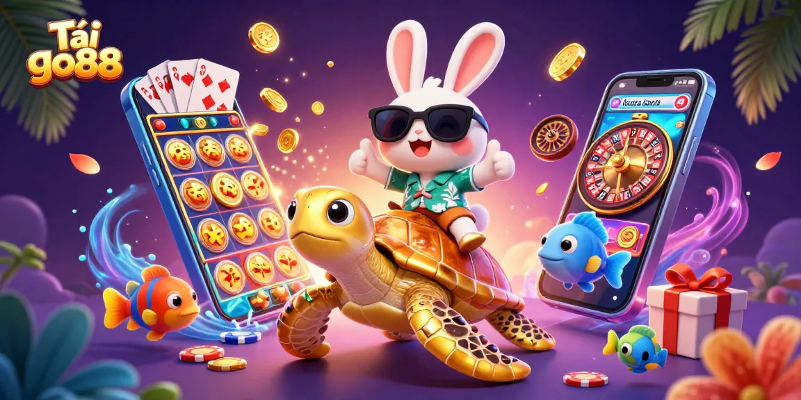 Play exciting games at Tải go88, featuring a lucky rabbit and golden turtle in a vibrant casino scene.