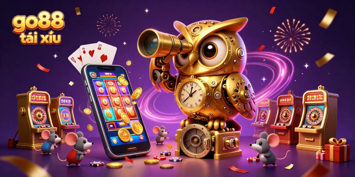 Engage with the excitement of go88 tài xỉu as a golden owl oversees a bustling casino scene, highlighting thrilling gaming moments.