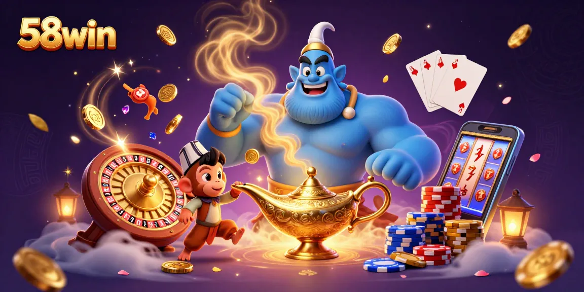 Engage with exhilarating gaming at 58win, featuring a genie, poker chips, and vibrant casino elements.