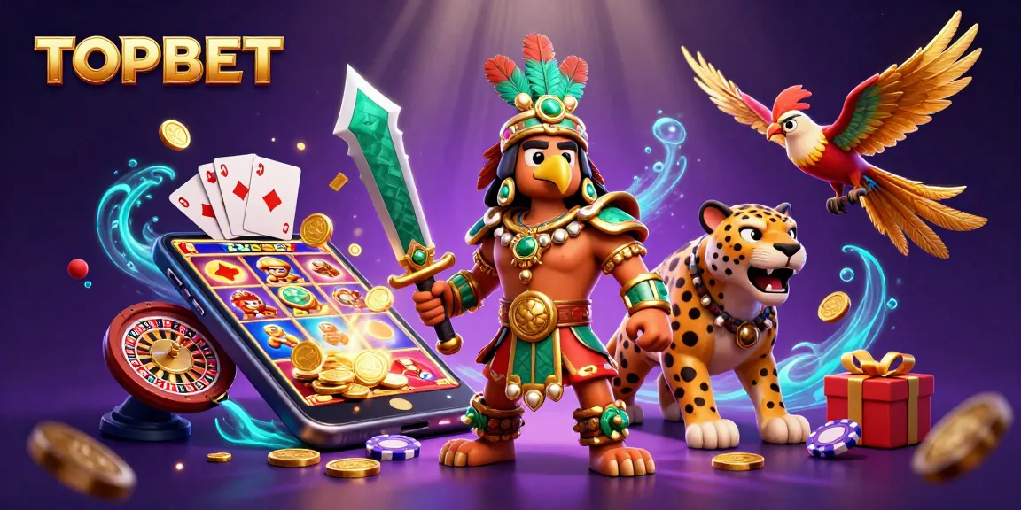 TOPBET brings excitement with a vibrant scene of gameplay elements and Aztec warriors in a casino setting.