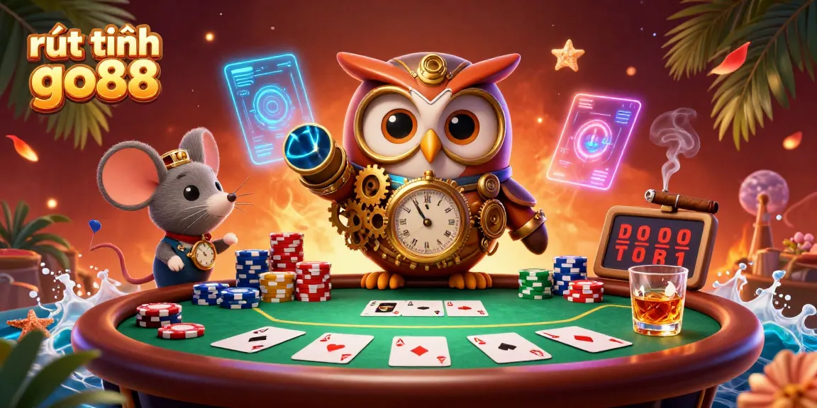 Engage with the thrilling rút tiền go88 experience through a vibrant 3D casino scene filled with steampunk characters and poker elements.