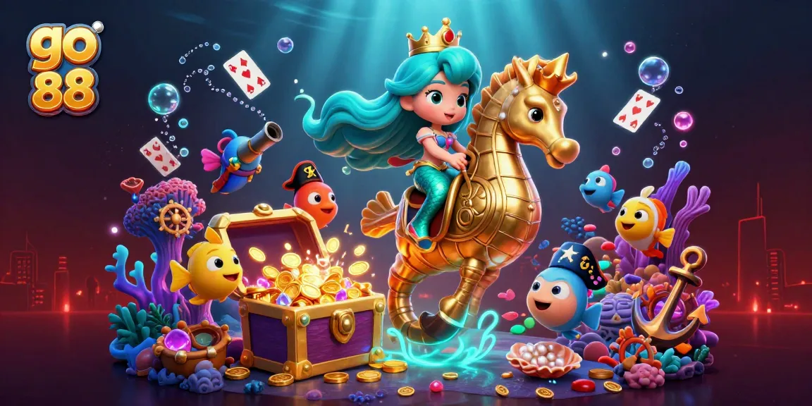 Experience the world of go 88 with an enchanting mermaid amidst treasures and vibrant casino elements.
