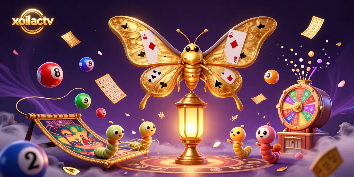 Xoilactv showcases a 3D atlas moth amidst dynamic lottery elements and casino imagery.
