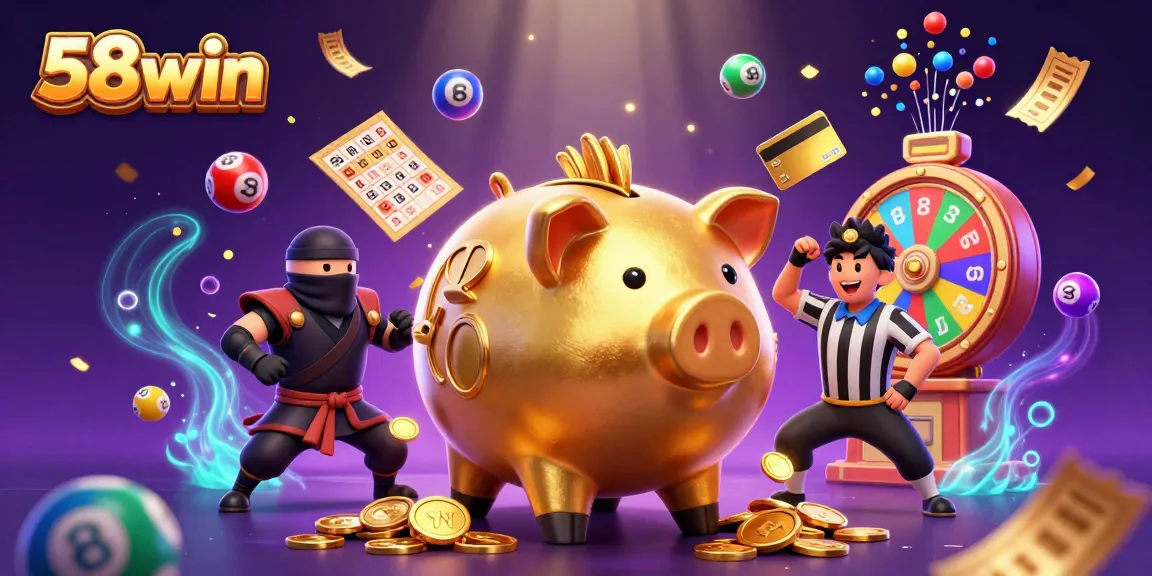 Experience the excitement of 58win with dynamic lottery balls and golden treasures in a vibrant 3D casino illustration.