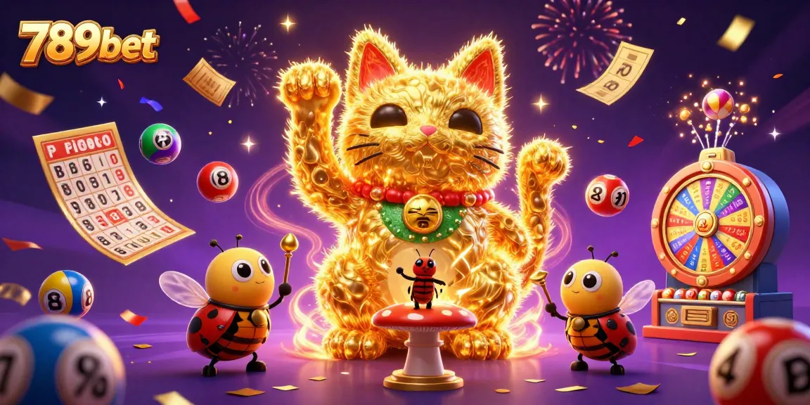 Win big with 789bet's exciting games, featuring a lucky cat amidst vibrant lottery elements.