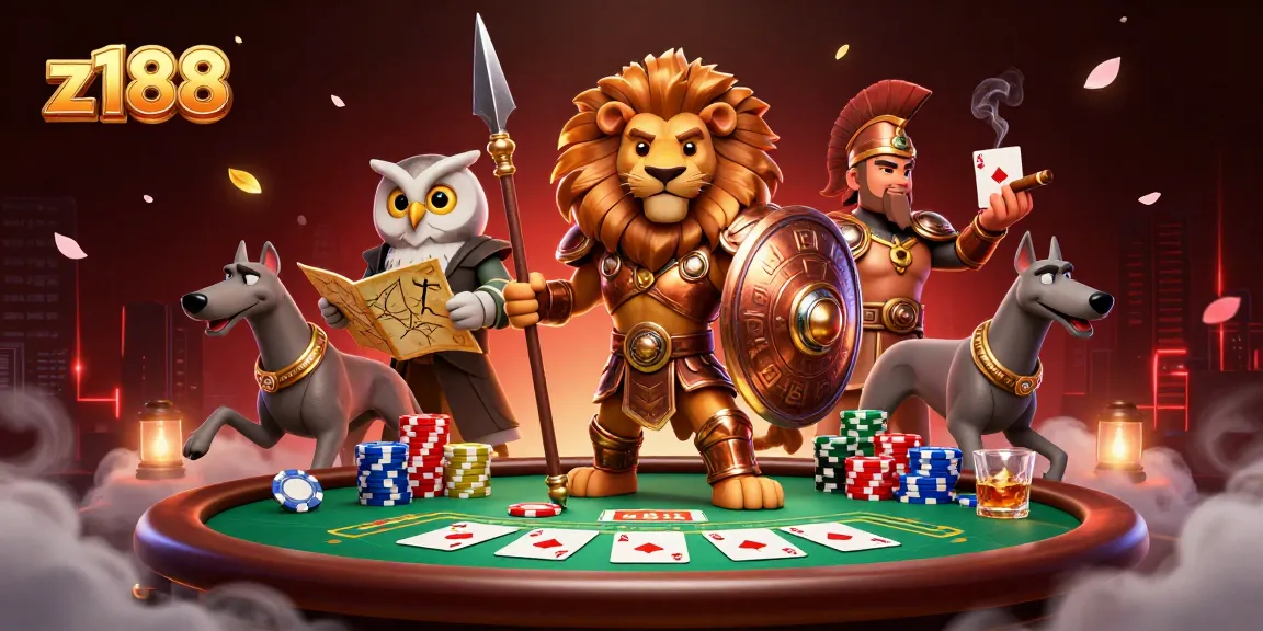 Experience the thrill of z188 gaming with a Spartan lion, owl strategist, and greyhound amidst vibrant casino elements.