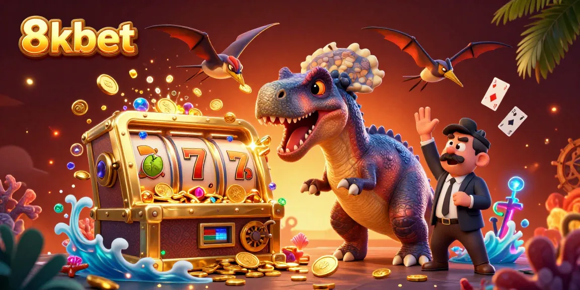 8xbet jackpot scene with dinosaurs and slot machine amidst flying coins and vibrant treasures