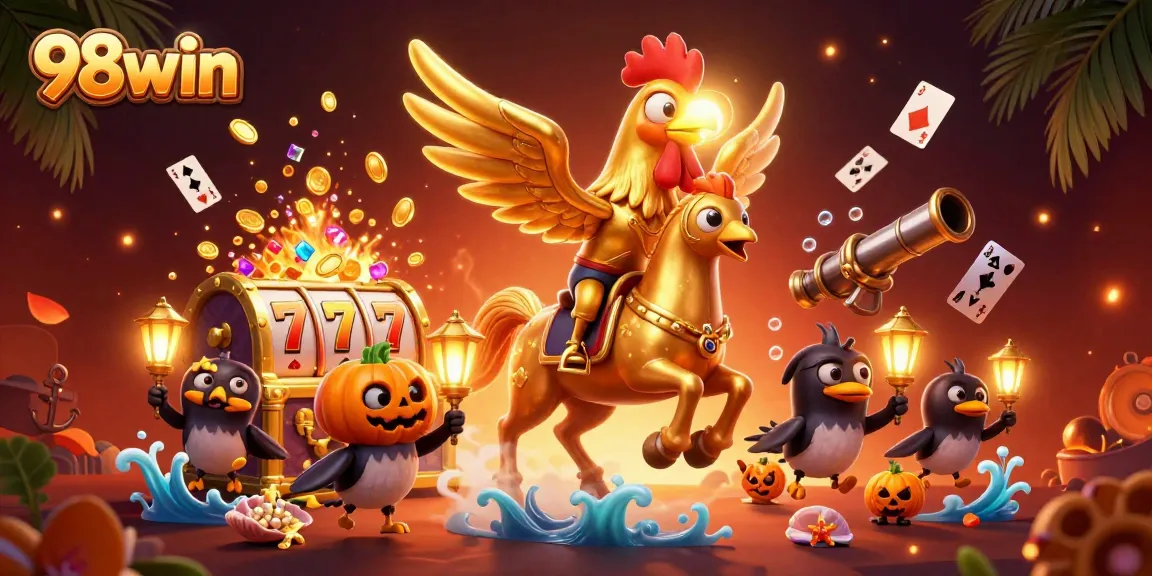 Experience high-energy gameplay with 98win's dynamic casino scene featuring enchanting characters and slots.