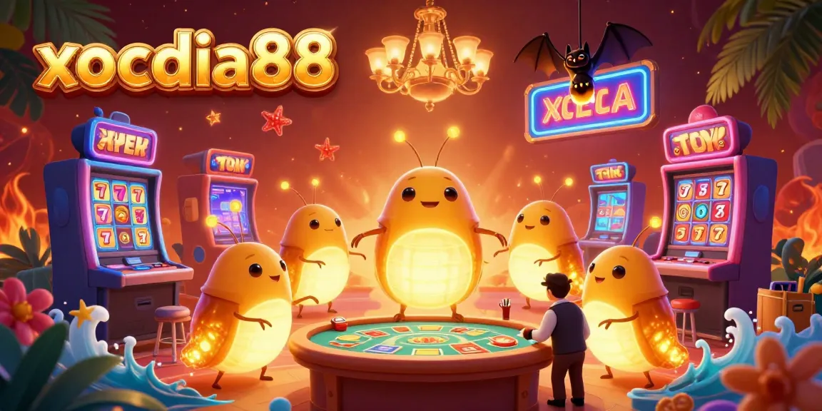 xocdia88 glowworms illuminate an online casino scene with vibrant slot machines and jackpot elements
