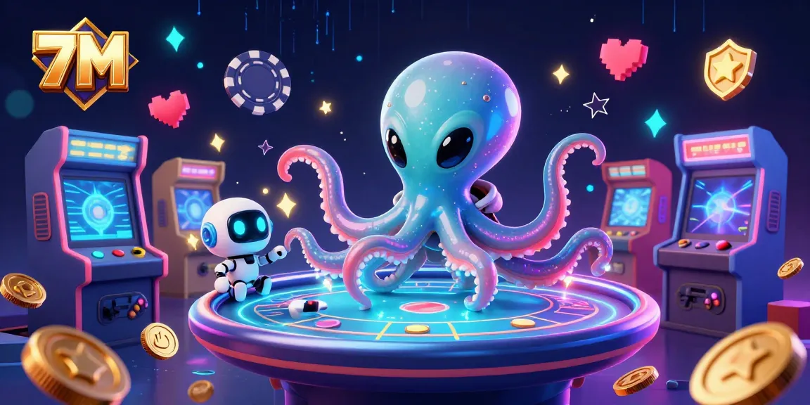 Engage with 7M’s dynamic alien octopus and robot at a holographic poker table amidst vibrant casino elements.