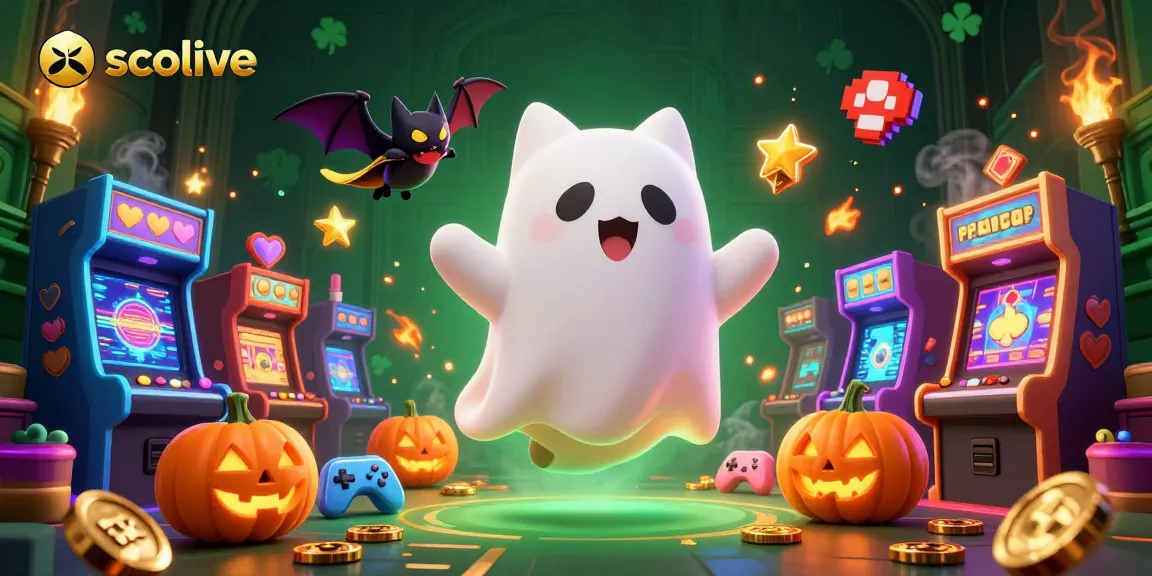 Socolive showcases a ghost cat and vampire bat amidst an exciting haunted casino scene filled with vibrant games and glowing details.