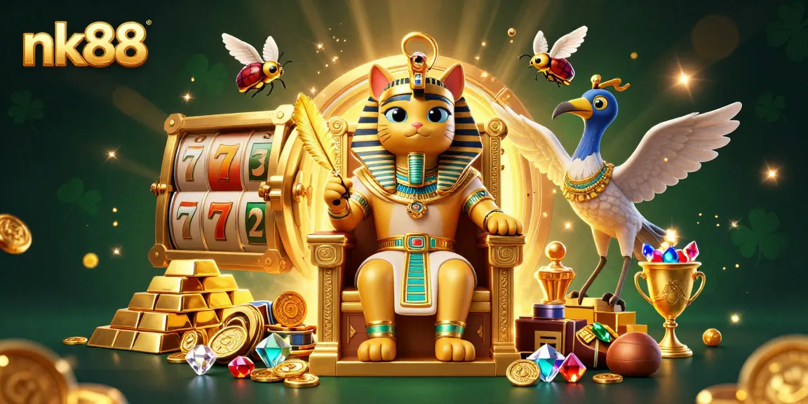 Join nk88's thrilling casino adventure featuring an Egyptian pharaoh cat, slot delights, and golden treasures.