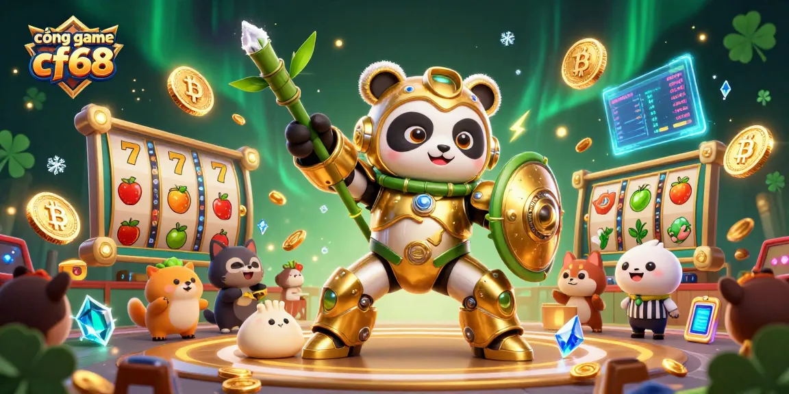 Engage in the thrilling world of cổng game cf68 with a golden panda battling in a vibrant online casino arena.