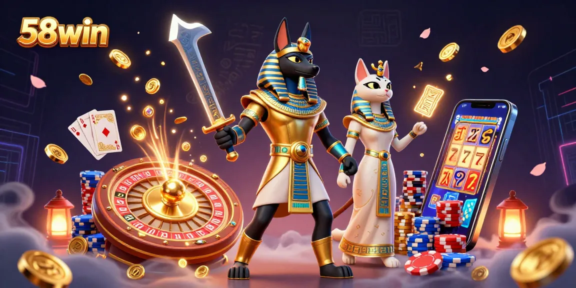 Immerse yourself in the thrilling world of 58win with Anubis and Bastet surrounded by casino treasures.