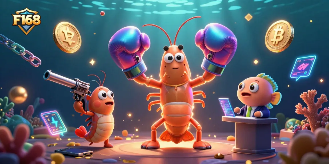 Engage with F168's dynamic gaming scene featuring vibrant underwater characters and glowing crypto elements.